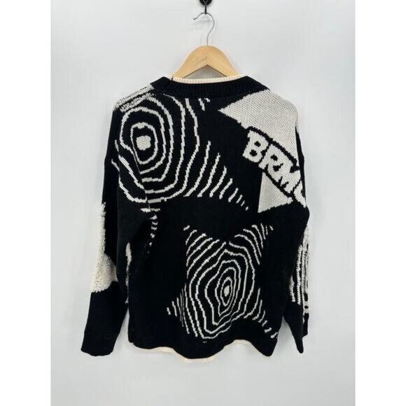 Elfric Eden Mens Black Cream Knit Crewneck Sweater Size L Graphic Artsy 3D Retro - Picture 2 of 8